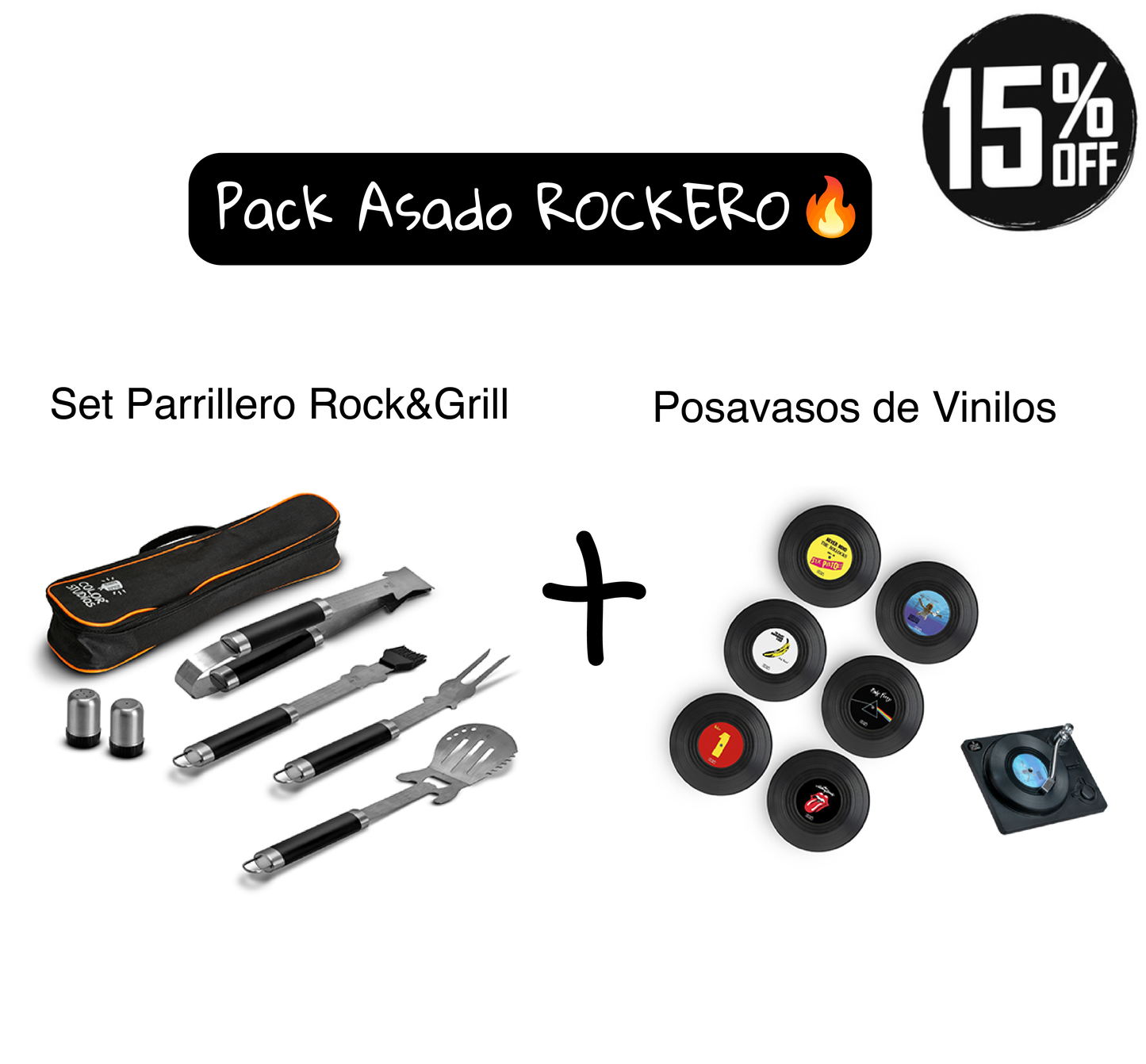 Pack Set Parrillero Forma Guitarra + Set de 6 Posavasos de Vinilos